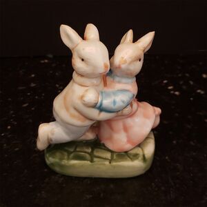 Dancing Bunny Rabbits Figurine Porcelain Easter Spring Decor Vintage